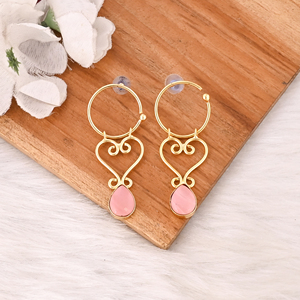 Elegant Pink <b>Opal</b> Gemstone Bezel Set <b>Earrings</b> Gold Plated Brass Fashion Jewelry for Women - Product Image 2