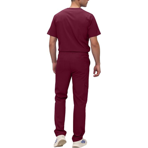 Ensemble de blouses médicales bordeaux, haut à col en V avec poches et pantalon, uniforme d'hôpital, tissu tissé en coton et polyester - Product Image 3
