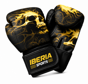 ถุงมือชกมวย IBERIA รุ่นพรีเมียมสีดำ ลายหัวกะโหลกเปลวไฟสีทอง ถุงมือฝึกซ้อม หนัง PU รับทำโลโก้ตามสั่ง ขายส่งอุปกรณ์กีฬา - Product Image 1