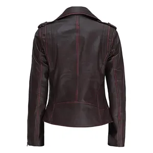 Blouson de motard en cuir véritable marron pour femme avec fermeture éclair, veste d'extérieur coupe-vent pour l'hiver, manteau de mode, vestes en cuir pour femme - Product Image 2