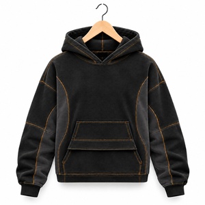 Sudadera con Capucha Unisex Negra Lavada 100% Algodón French Terry para Invierno con Costuras en Contraste y Bolsillo Canguro Digital - Product Image 1