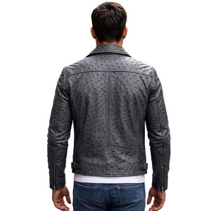 Chaqueta de Cuero para Hombre, Corte Ajustado, Piel de Vacuno Genuina con Grabado de Avestruz, Cuello Camisero, Cierre de Cremallera Resistente, Directo de Fábrica - Product Image 3
