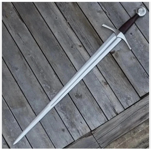 Épée longue médiévale avec manche en bois et lame en argent, légère, faite à la main, pour reconstitution historique et décoration sur pont en bois - Product Image 1