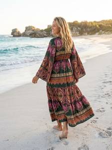 <b>Boho</b> Vintage Eco-Friendly Silk Maxi <b>Dress</b> V-Neck Long Sleeve Elastic Waist Floral Print Loose Fit <b>Summer</b> Beach Wear Nonwoven - Product Image 2