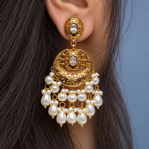 Pendientes Chandbali de Perlas Chapados en Oro Grabados de Primera Calidad, Nivel de Fábrica - Product Image 2