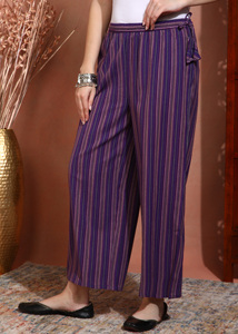 Pantalon Palazzo Premium en Coton Khadi Teint en Fil Rayé Violet, Décontracté, Ethnique, Respirant, Tissé à la Main, Coupe Large pour Femme - Product Image 3