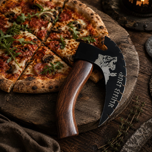 Couteau à pizza Viking en acier inoxydable noir, motif Ulu, gravé loup, coupe-pizza à bascule avec étui en cuir – Vente en gros - Product Image 5