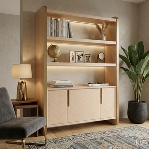 Librería Moderna de Madera Maciza Natural con Puertas Chevron, Estantes Abiertos y Vitrina para Sala de Estar u Oficina en Casa - Product Image 4