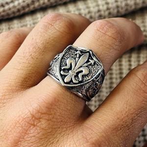 Nuevo Anillo de Latón con Sello de Flor de Lis, Anillo Gótico Plateado Oxidado para Hombre, Anillo Tribal con Escudo para Venta al por Mayor/OEM/ODM - Product Image 6