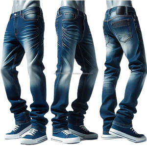 Jeans bleu indigo authentiques pour hommes, pantalons en denim tissés taille haute et moyenne personnalisés, styles uniques, garnitures exclusives, délavés, printemps et hiver - Product Image 4