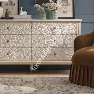 Luxury Handcrafted Solid Wood 6 Drawer Dresser Ornate Mandala Floral Carving Antique White Finish - Product Image 5