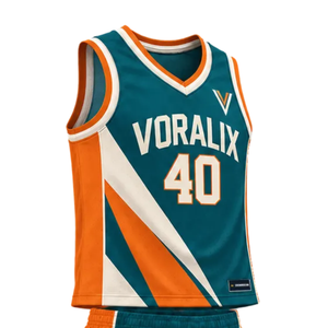 Ensemble d'uniformes de basketball personnalisés pour hommes, vert sarcelle, orange et crème, maillot sans manches à col en V, short, empiècements diagonaux, numéros d'équipe, kits en gros - Product Image 5