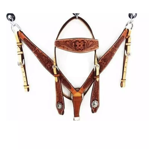 Conjunto de arreos ecuestres occidentales de cuero genuino, hecho a mano, con doble costura, premium, con cabezada ajustable y pechera a juego, personalizado. - Product Image 1