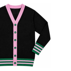 Suéter Cárdigan Personalizado para Mujeres de Hermandades Universitarias, Color Negro, Rosa y Verde, Cuello en V, Estilo Universitario, con Ribete a Rayas, OEM - Product Image 3
