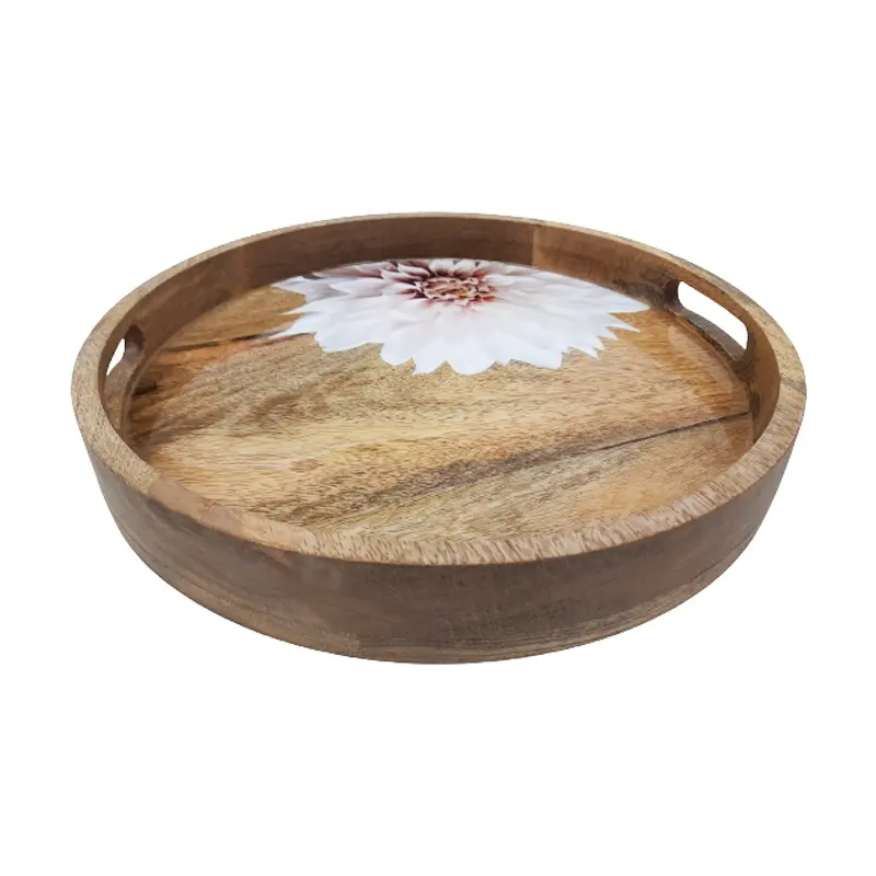 Groothandel Bulk Hoge Kwaliteit Elegant Design Luxe Houten Ronde Tray Voor Serveren Tafel Top