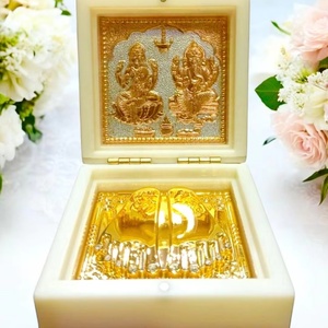 Krishna Silver Laxmi Ganesh Idol with Charan Paduka in Premium Velvet Box Gold Plated Religious Figurine for Home <b>Mandir</b> Decor - Product Image 1