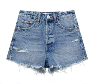 Shorts de mezclilla de cintura alta para mujer, estilo boyfriend, desgastados, con dobladillo deshilachado, casuales de verano, de algodón - Product Image 5