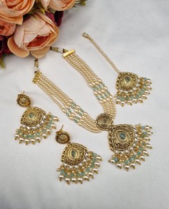 Traditional Multi Layer <b>Pearl</b> Strand <b>Necklace</b> <b>Set</b> With Matching Earrings & Mangtika Wedding Ethnic Wear Jewellery <b>Set</b> Wholesaler - Product Image 4