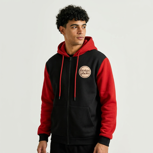 Sudadera con capucha unisex roja y negra con mangas raglán, cierre de cremallera, forro polar, bolsillo frontal con logo, estilo casual para otoño, hecha en Bangladesh. - Product Image 5