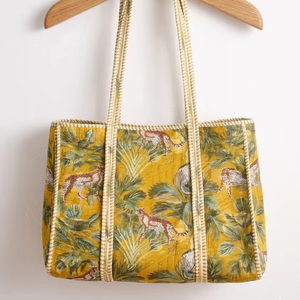 Large Quilted <b>Tote</b> Bag Handblock Print Cotton Zipper Travel Bag Shopping Shoulder Bag for Women Daily Use Handbag - Product Image 1