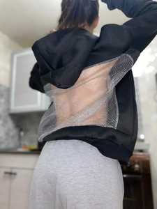 Sweat-shirt à capuche noir surdimensionné pour femme avec panneau arrière en maille orné de strass, sweat-shirt décontracté à manches longues style streetwear - Product Image 6