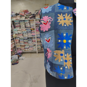 Denim Embroidered Vest Women's Sleeveless <b>Patchwork</b> <b>Jacket</b> Handmade Floral Design Spring Boho Style Outerwear gift for her - Product Image 2