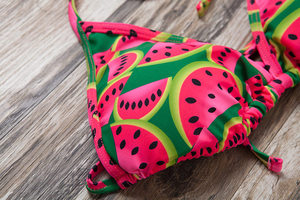 Women's Watermelon Print Bikini Set <b>Crossed</b> Halter <b>Top</b> Hollow Out Hipster Bottom Spandex Polyester Swimwear - Product Image 3