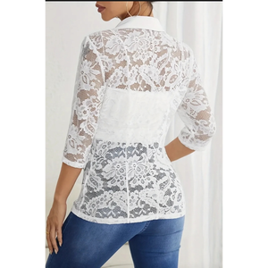 Blazer ouvert sur le devant en dentelle florale pour femme, avec empiècements en dentelle, inserts en dentelle florale complexe sur les manches et les panneaux latéraux - Product Image 3