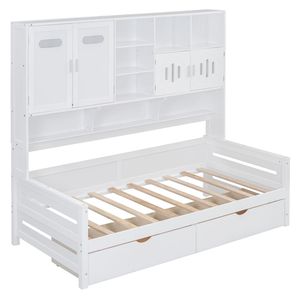 <b>White</b> Twin-Size Wooden <b>Daybed</b> with 2 Drawers All-in-One Cabinet and Shelf - Product Image 6