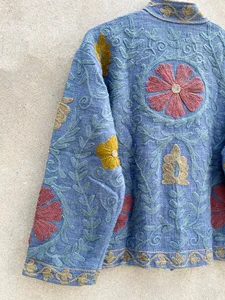 Women Blue Cotton Hand Embroidered Boho <b>Jacket</b> Floral Kashmiri Suzani Style Ethnic <b>Short</b> Coat Outerwear - Product Image 5