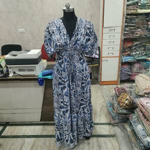 Robe longue bohème pour femme, col en V, manches bouffantes, taille élastique, dos nu, volants superposés, motif floral, robe d'été - Product Image 2