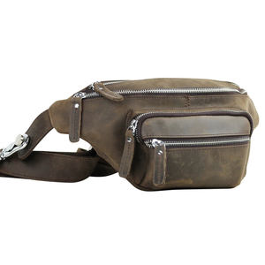 Unisex Brown Leather Waist Bag <b>Pillow</b> <b>Shape</b> Zipper Closure For Daily Use - Product Image 1