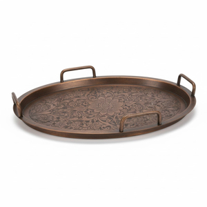 <b>Moroccan</b> Style <b>Decorative</b> Platter Handmade Pure Copper Engraved Flower Design Rectangular Serving Tray With Handles For Hotels - Product Image 2