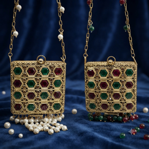 Bolso de Mano Tipo Clutch Redondo de Metal Dorado de Lujo con Piedras de Cristal Geométricas y Asa con Cuentas para Mujer, para Fiestas - Product Image 3