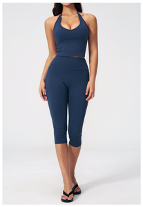 Conjunto de Yoga de 2 Piezas para Mujer, Cuello Redondo, Manga Corta, Cintura Alta, Largo hasta la Rodilla, Sin Costuras, Color Sólido, Spandex y Poliéster, Ropa Deportiva - Product Image 6