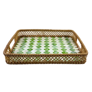 ถาดหวายสี่เหลี่ยมผืนผ้าสไตล์วินเทจทำมือ ดีไซน์เรียบหรู ลายเรขาคณิตสีเขียวฝังมุกคาปิซ ฐาน MDF ถาดเสิร์ฟตกแต่ง - Product Image 2