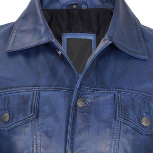 Veste en cuir de vachette bleue pour homme, coupe ajustée, col rabattu, fermeture boutonnée, longueur standard, style motard, veste en cuir bleue - Product Image 5