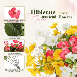ดอกชบาผ้าไหมสีเหลืองอมชมพูสีขาวทนรังสียูวีสำหรับปลูกต้นไม้ปลอม12มัด - Product Image 5