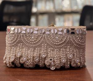 Designer Hand Look Mirror Work Pearl Bead Scalloped Lace Border Wholesale Indian Ethnic <b>Kaftan</b> Saree Decorative Garment Trim - Product Image 4