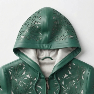 Green Real Hooded <b>Jacket</b> Embossed Leaf Pattern Zipper Closure Casual <b>Men's</b> <b>Summer</b> <b>Jacket</b> Breathable Hollow Out Design - Product Image 5