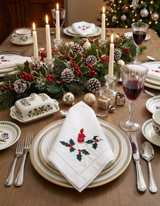 Vente en gros personnalisé Bougie brodée houx de coton Noël serviettes en tissu ourlet dîner serviette maison Restaurant vacances utiliser - Product Image 1