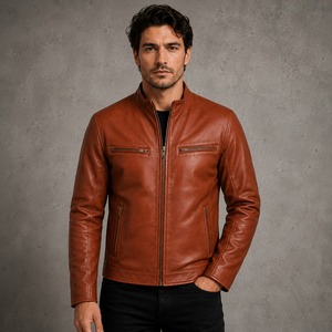 Men <b>Leather</b> Biker <b>Jacket</b> Stylish Motorcycle Inspired Zip Up Front Stand Collar <b>Long</b> Sleeve Casual Outerwear with Modern Design - Product Image 1