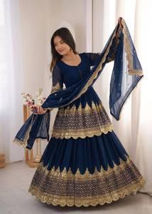 Costume Anarkali traditionnel bleu marine pour femmes avec dupatta brodé, coupe ample, longueur au sol, tenue de mariage, style Inde Pakistan - Product Image 3