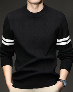 Men's Customizable Black Terry Knitted Crew Neck Breathable Pullover White Striped Sleeves Casual Winter Wear Oversized Fit - Product Image 3