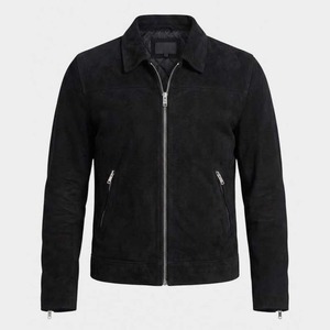 Black <b>Suede</b> <b>Leather</b> Trucker <b>Jacket</b> for Men - Product Image 1