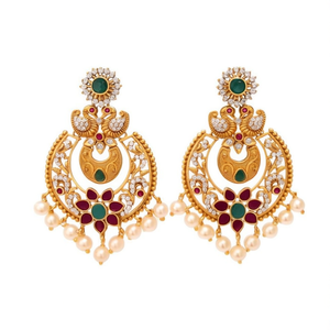 Vintage Gold Plated Peacock Chandbali Drop Earrings with Pearls - Product Image 2
