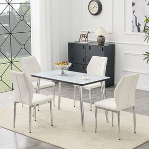 Set da Pranzo con Tavolo in Vetro Effetto Marmo Bianco, Base in MDF e Gambe Affusolate in Metallo Argento, 4 Sedie - Product Image 3