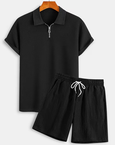Men's <b>Zip</b> <b>Up</b> <b>Polo</b> Shirt and Shorts Set Breathable Knitted 2 Piece Casual Summer Sportswear - Product Image 2