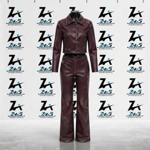 Breathable Eco-Friendly Design Women's Casual PU <b>Leather</b> Tracksuit Crop Jacket Matching Wide Leg <b>Pants</b> <b>Leather</b> Tracksuits Set - Product Image 1