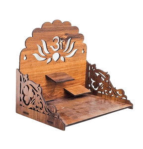 Handcrafted Wooden Pooja <b>Mandir</b> Home Temple with OM Lotus Cutwork & Floral Jali – Wall Mounted | 27x29x21 cm - Product Image 4
